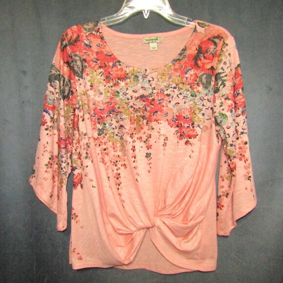 One World Live And Let Live Peach Floral Top Women Size M Twist Front 3/4 Sleeve - Picture 8 of 8